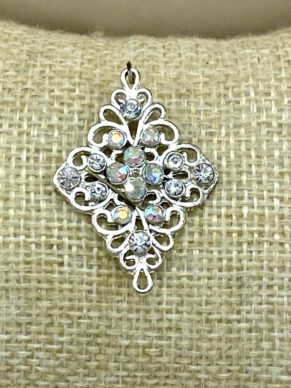 Silver Filigree Crystal Pendant - Iridescent Accents